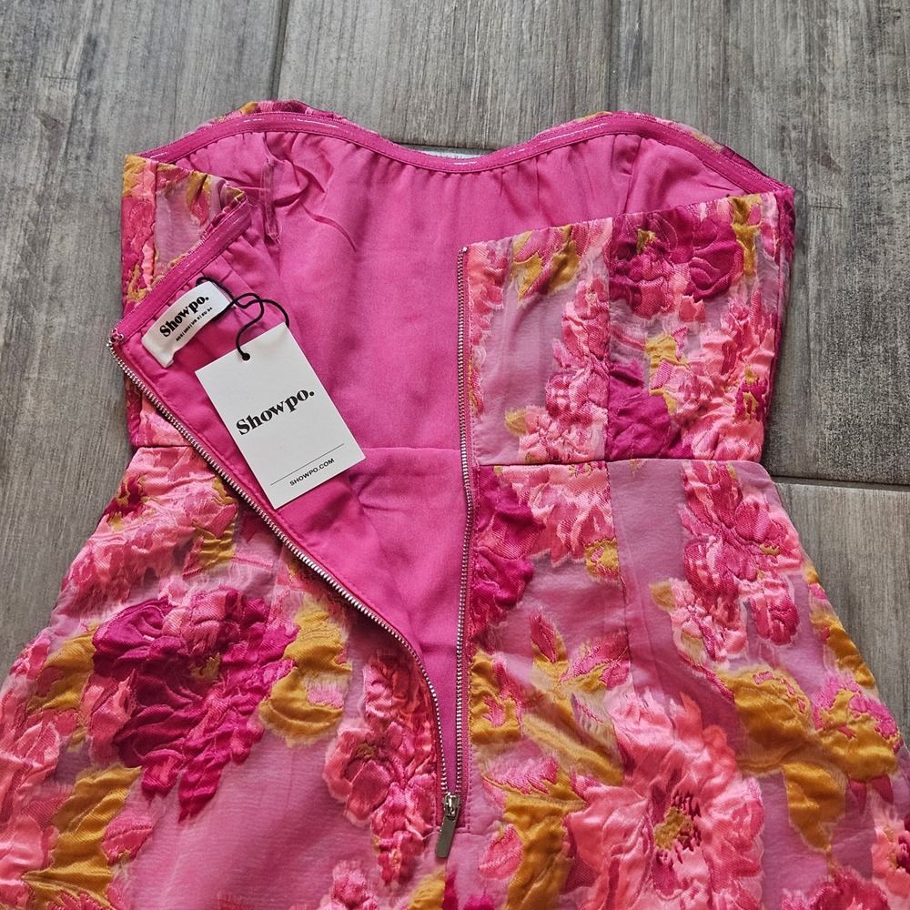 Showpo Brailey Mini Dress Size 2 Pink NEW Floral Jacquard Strapless Cocktail - Picture 11 of 14